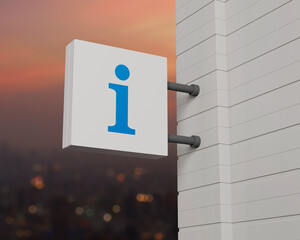 Information icon on hanging white square signboard over blur of cityscape on warm light sundown, Business customer service and support concept, 3D rendering