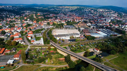 Aerial Panorama View Of The Old Town Of The City Bad Hersfeld  in Germany on a sunny spring day