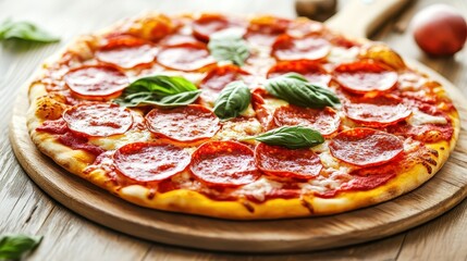 Delicious Pepperoni Pizza with Fresh Basil on Wooden Board