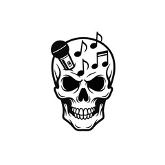Simple Tattoo Style Music Skull Logo With Music Elements Like Mic and Notes, Thick Black Outlines