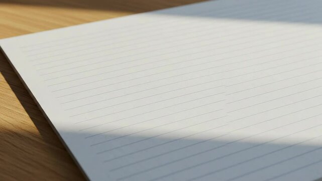 Close Up White Lined Notebook Paper on Wood Table in Sunlight