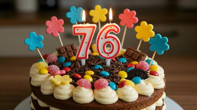 Colorful Decorated Cake with Number Seventy Six Candles for Birthday Celebration