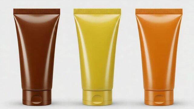 Cosmetic Tubes in Brown Yellow and Orange for Product Display on White Background