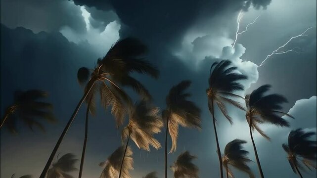 Dramatic palm trees swaying under a dark stormy sky with lightning strikes.