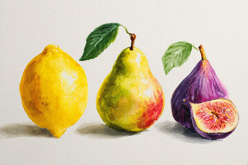 Watercolor illustration of a lemon, pear, and fig with green leaves on a light background
