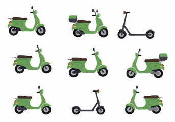 Illustrated Pattern of Green Classic Scooters and Electric Scooter on White Background