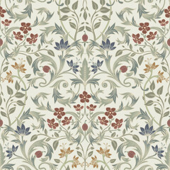 Beige floral tapestry. Vintage botanical pattern.