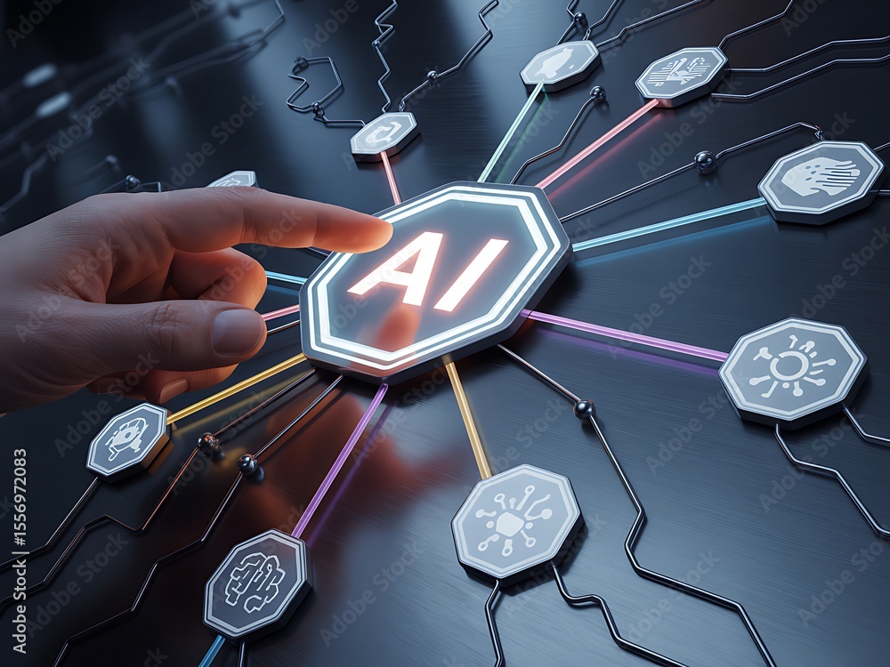 Poster human finger touches glowing ai hexagon at the center of a complex interconnected network of technol