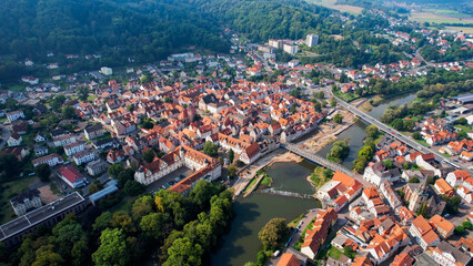 Naklejka premium Aerial Panorama View Of The Old Town Of The City Rotenburg An Der Fulda in Germany on a sunny spring day 