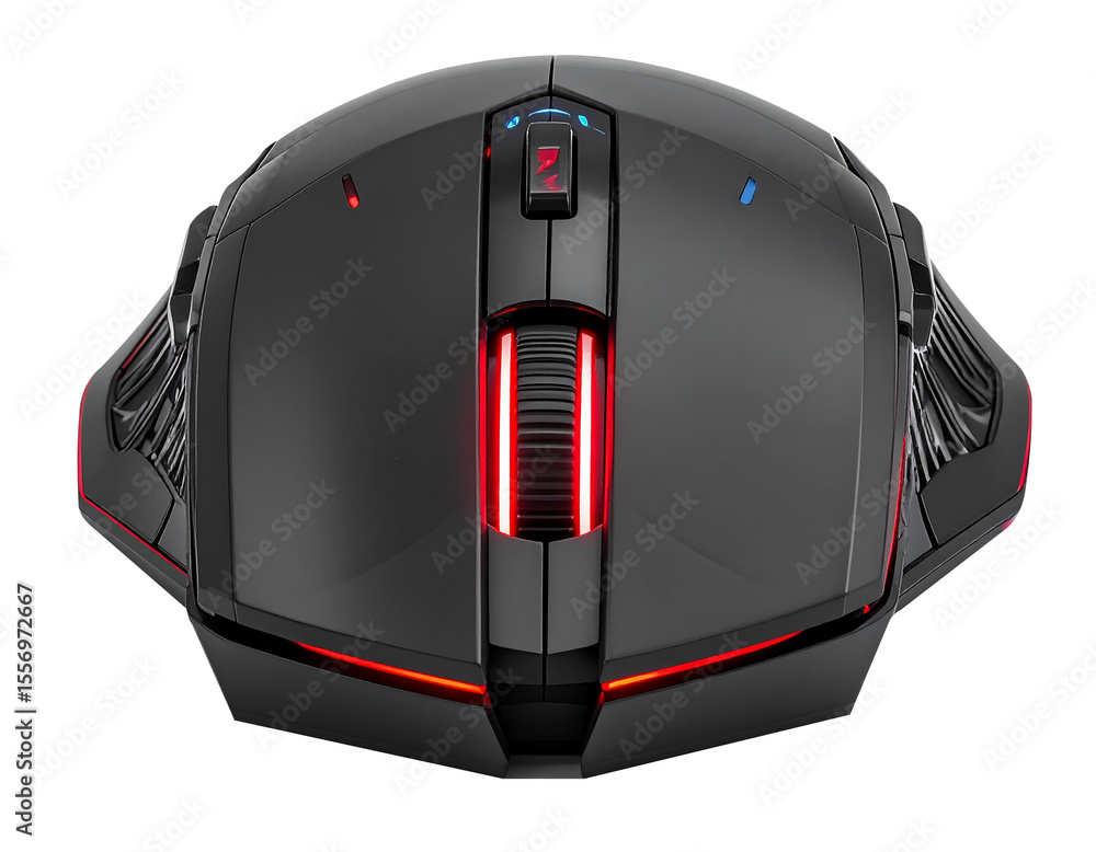 Poster high-tech gaming mouse with neon red accents and vent pattern grip – isolated on transparent backgro
