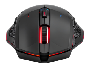 High-Tech Gaming Mouse with Neon Red Accents and Vent Pattern Grip – Isolated on Transparent Background