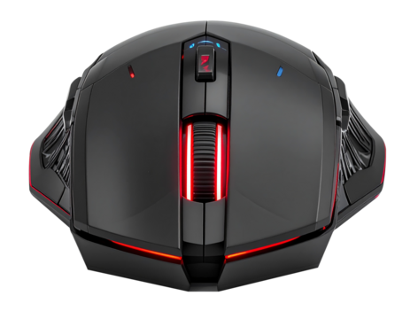 High-Tech Gaming Mouse with Neon Red Accents and Vent Pattern Grip – Isolated on Transparent Background