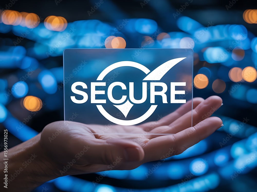 Poster hand holding a transparent glass screen displaying the word secure with a checkmark symbol against a