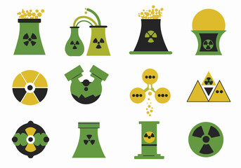 Set of flat graphic icons representing nuclear power, radiation symbols, and related concepts like cooling towers and chemical industry elements in green, yellow, and black.