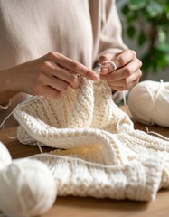 Woman's hands knitting a warm wool scarf or sweater, a cozy winter hobby concept.