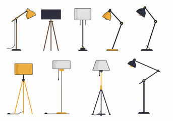 Set of various modern floor and desk lamps in flat design style, isolated lighting fixtures for interior home decoration.