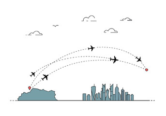 Aircraft reroute over a cityscape. Dynamic flight path illustration with subtle clouds and a modern aesthetic. Ideal for travel, technology, and navigation concepts.