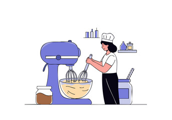 A female baker mixes batter in a stand mixer, showcasing a cozy kitchen scene. Warm colors and a professional setting create a welcoming image.