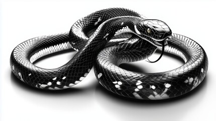 Obraz premium drawing, illustration close-up of a coiled snake with detailed scales and an intense gaze. The black-and-white image highlights the snake's menacing and powerful presence, isolated on white