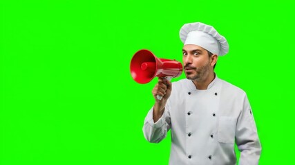 Chef holding megaphone and shouting, green screen background
