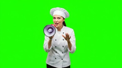 Chef holding megaphone and shouting, green screen background