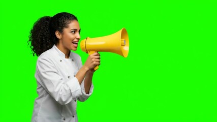 Chef holding megaphone and shouting, green screen background