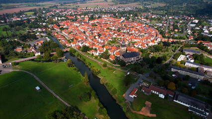 Aerial view on a sunny noon of the old town in the city Bad Sooden-Allendorf in Germany