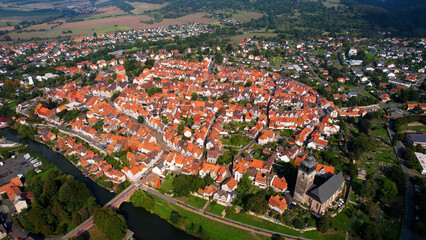 Aerial view on a sunny noon of the old town in the city Bad Sooden-Allendorf in Germany