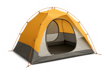 Camping tent in yellow and gray, standing ready for wilderness exploration on transparent background