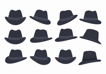 Collection of Black Fedora Hats from Various Angles on White Background