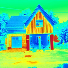 Wooden cottage for glamping hiiden at forest.  Thermal photography
