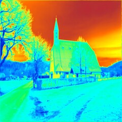 Old church on hill.  Thermal photography