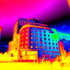Old city house, stony building. Thermal photography