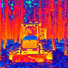 Small tractor in the countryside. Thermal photography