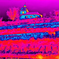 Old church on hill.  Thermal photography