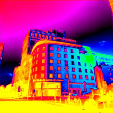 Old city house, stony building. Thermal photography