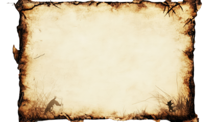 Aged parchment scroll, sepia tones, two figures in silhouette