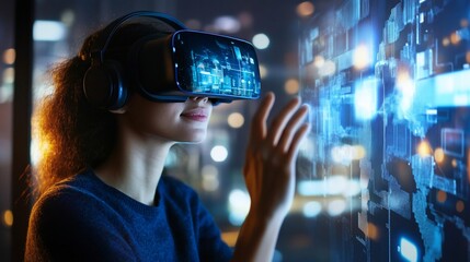 Woman experiencing virtual reality with headset and futuristic interface