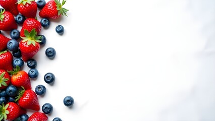 Fresh strawberries and blueberries creating a border on a white background. Top view flat lay of summer berries with copy space for text.

