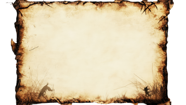 Aged parchment scroll, sepia tones, two figures in silhouette