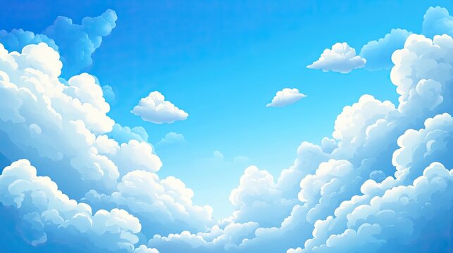 Vibrant cartoon-style bright blue sky with fluffy white clouds digital illustration optimistic atmosphere aerial view whimsical concept