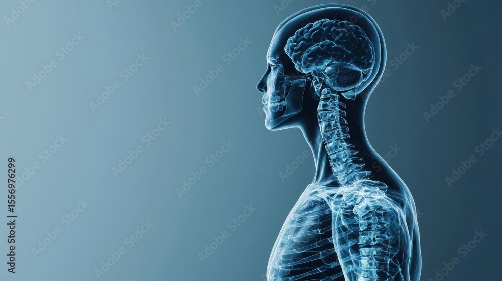 Poster 3d rendering of a human head and neck. the head is facing towards the left side of the image and the