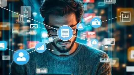 Young man using smartphone with digital icons representing social media and technology in background - Powered by Adobe