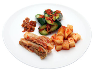 Assorted Korean Kimchi on White Plate