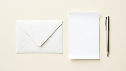 Elegant White Envelope, Blank Paper, and Pen Minimalist Stationery Mockup