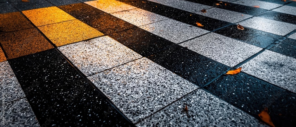 Poster close-up of a tiled floor. the tiles are arranged in a grid-like pattern, with each tile having a di