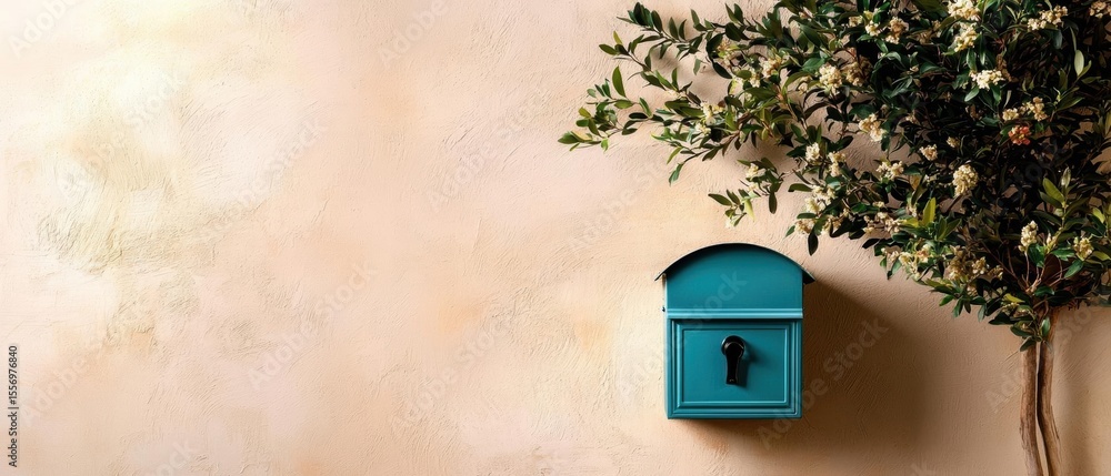Poster small blue mailbox hanging on a beige wall. the mailbox is rectangular in shape and has a black hand