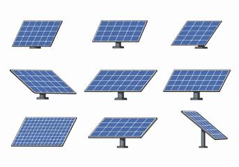 Set of vector cartoon solar panel icons showing different positions and angles for renewable energy illustration