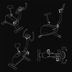 Stationary exercise bikes with unique designs stand out against a sleek black background. Each bike features detailed construction and vibrant colors, emphasizing fitness and movement.