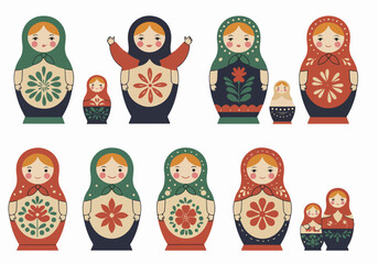 Collection of Colorful Traditional Russian Matryoshka Nesting Dolls, Vector Illustration on White Background